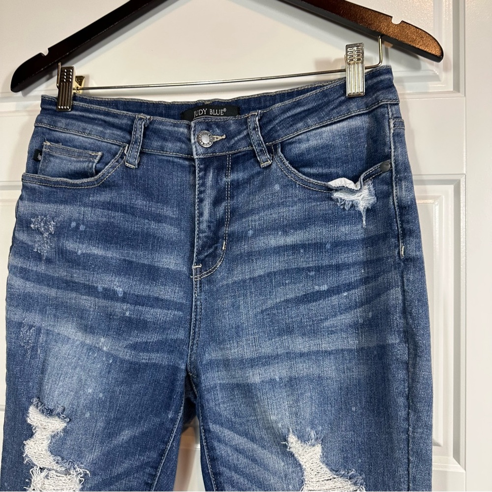 Judy Blue Mid Rise Flattering Fit Destroyed Bleach Splatter Skinny Jeans Size 9 - Picture 5 of 10